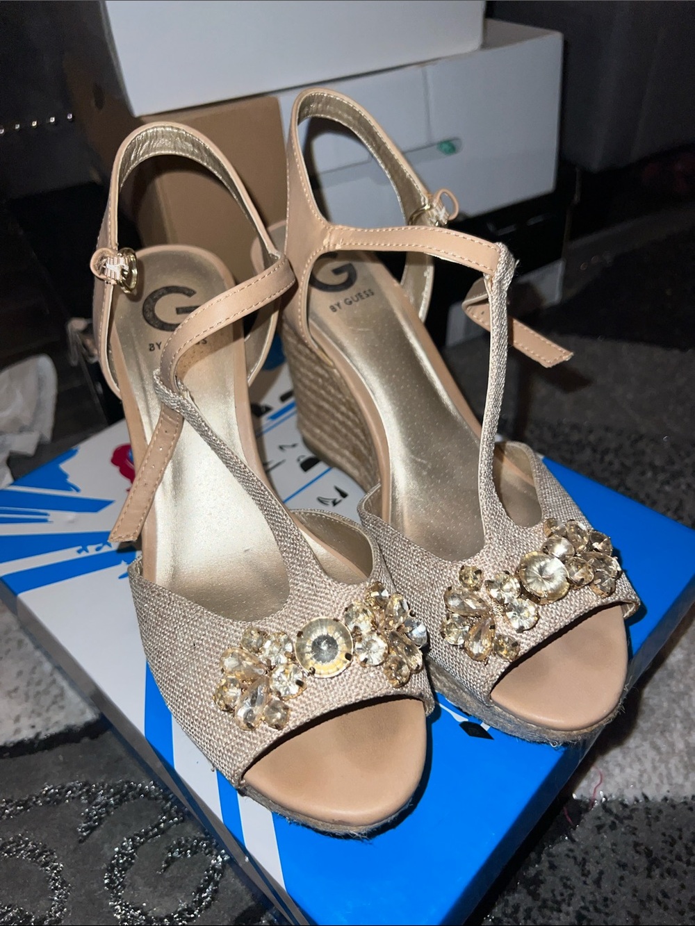G by Guess Tan Jeweled T-Strap Wedge Sandals